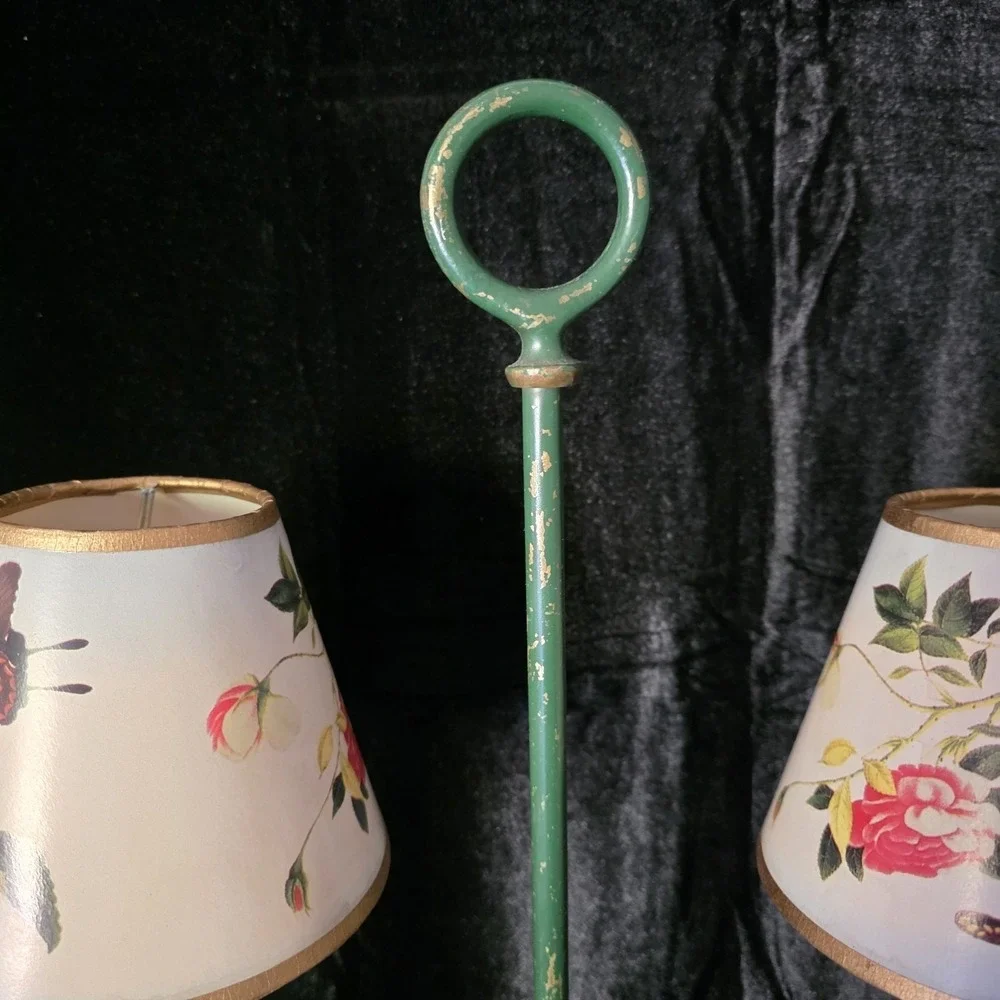VTG Toleware Bouillotte-style Green 3-way lamp, 2 Arm w Shades. Mix of Old & New